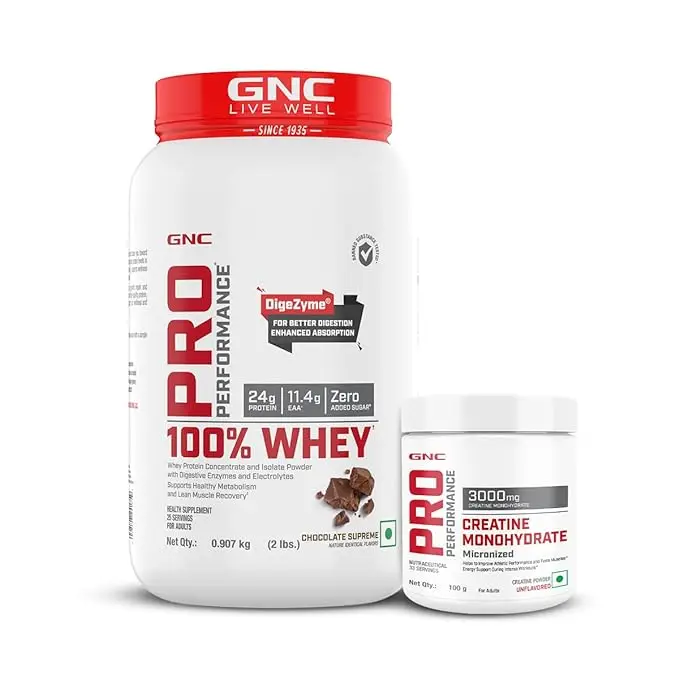 DSC - GNC - Pro Performance 100% Whey Chocolate Supreme + Creatine Monohydrate-2lbs / 100gm Combo - Combo Pack (Whey + Creatine)