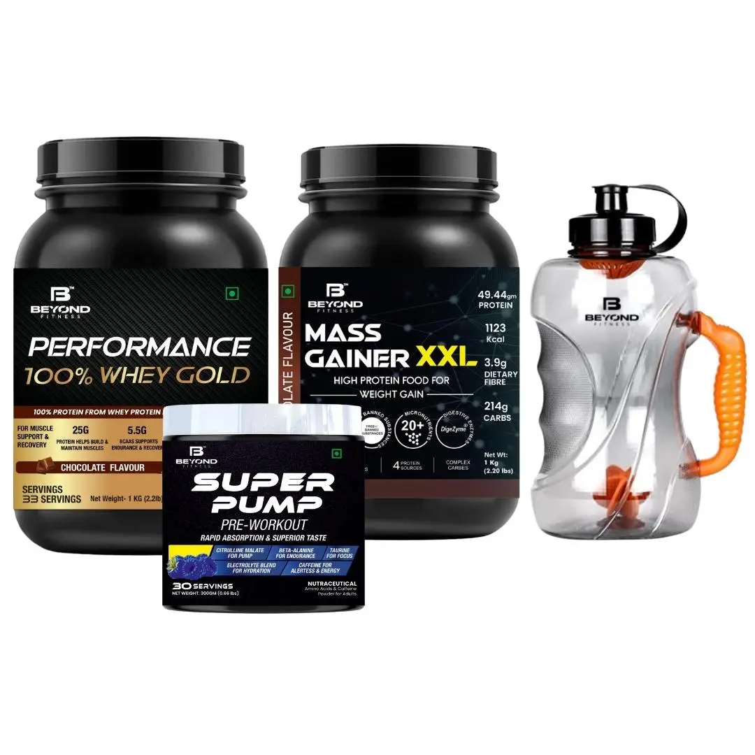 Beyond Fitness Xtreme PUMP Gold Combo (100% Whey Gold Protein, Mass Gainer XXL and Preworkout) Combo - Whey Protein (2.2lb), Mass Gainer XXL (2.2lb), Preworkout(500gm) with 1.5 ltr Shaker