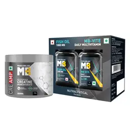 MuscleBlaze Creatine Monohydrate CreAMP™ with CreAbsorb™, Trustified Certified (100 g, Unflavoured), MB-Vite Daily Multivitamin - 30 Tablets and Omega 3 Fish Oil 1000 mg - 30 Capsules