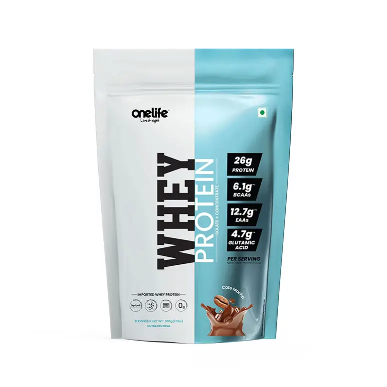Onelife Whey Protein (Isolate + Concentrate) - Imported Whey Protein. In delecious Cafe Mocha Flavour - 500 gm