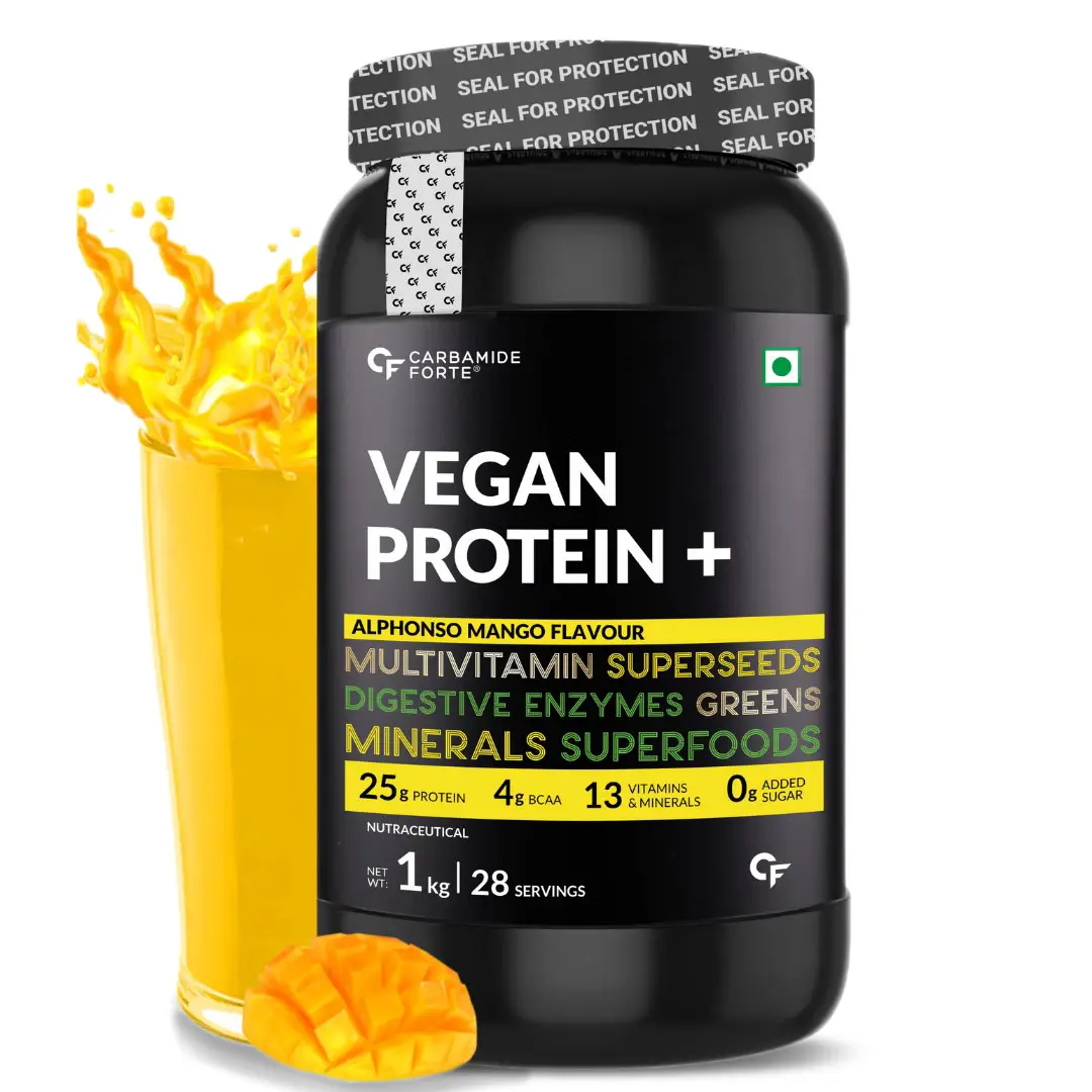 Carbamide Forte - Vegan Protein Powder - Plant Based Pea Protein Powder with Multivitamin, Minerals, Superfoods, Digestive Enzymes - 500g - Alphonso Mango,2.2 lb
