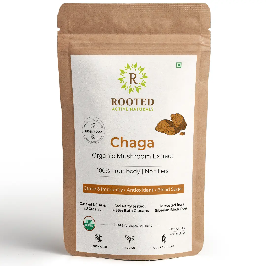 Rooted Active Naturals Siberian Chaga Mushroom Powder for Blood Sugar, Heart and Immunity - 60 gm
