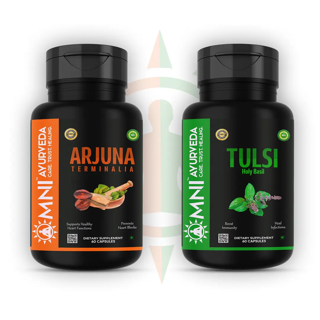 Omni Ayurveda - Arjuna Terminalia and Tulsi Capsule - for Antioxidant Powerhouse - Combo Pack (120 Capsules)