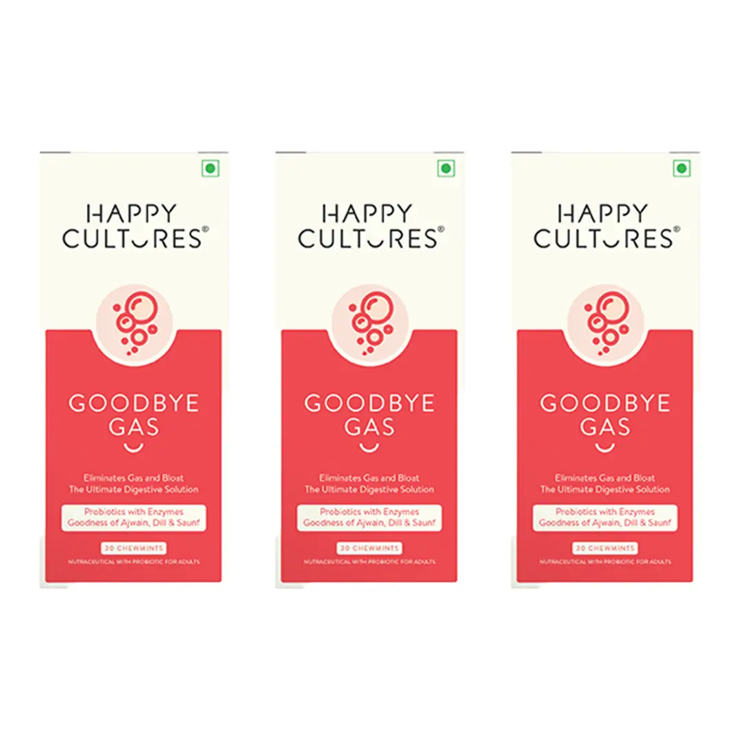 Happy Cultures Goodbye Gas Chewable with Ajwain, Dill, Fennal (Saunf) Oil for Alleviates Gas, Bloating and Indigestion - Pack of 3 (90 Tablets)