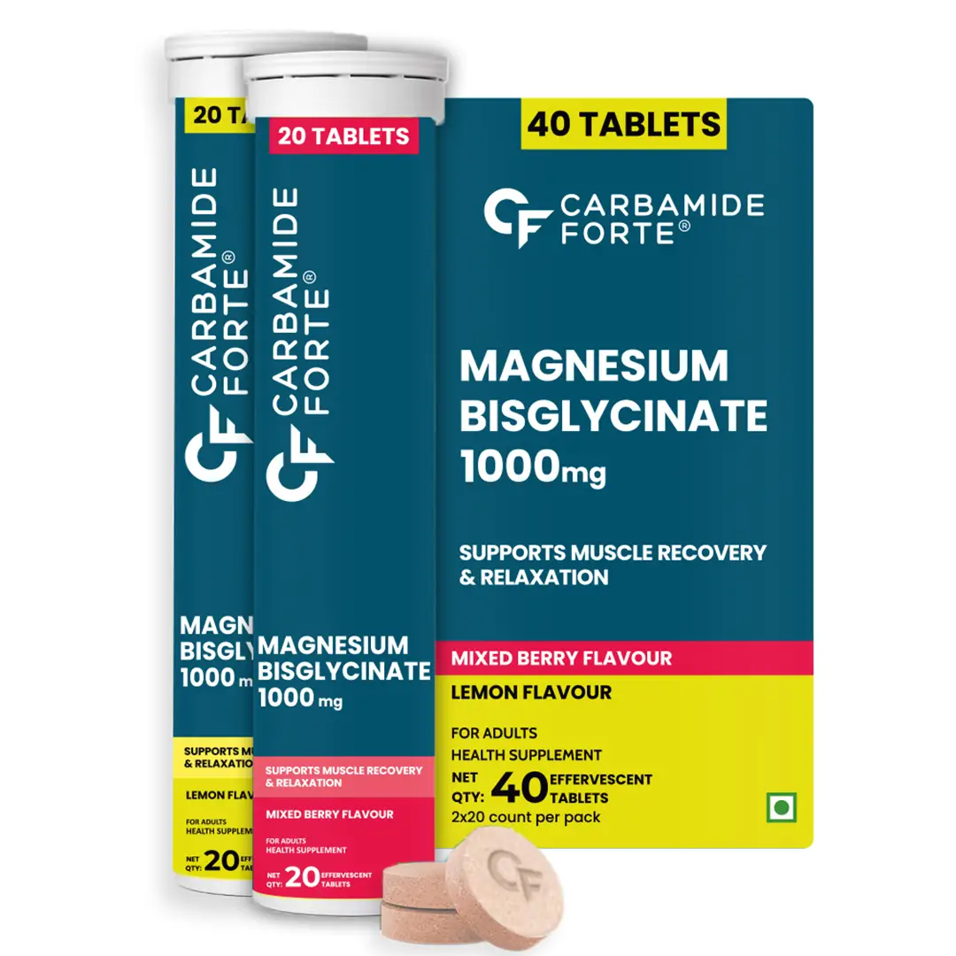 Carbamide Forte Magnesium Supplements Bisglycinate Effervescent Tablet 1000mg | Magnesium Glycinate Tablets | Supports Sleep, Muscle Cramp & Nerve Function - 2 X 20 Tablets - Lemon & Mixed Berry Flavour - Pack Of 1(40 Effervescent Tablets)