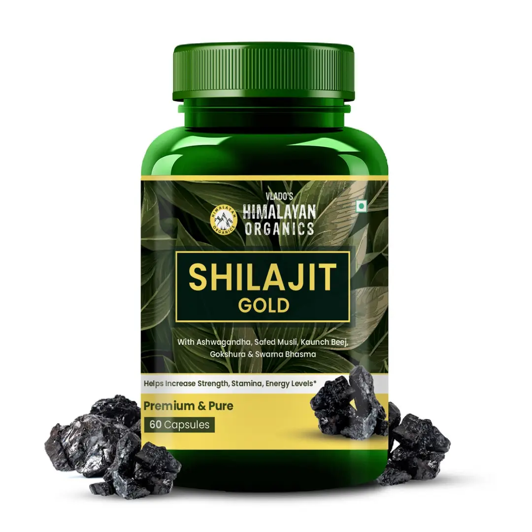 Vlado's Himalayan Organics Pure Shilajit 24 carat Gold with Ashwagandha, Safed Musli for Stamina, Strength and Energy - Pack of 1 (60 Capsules)