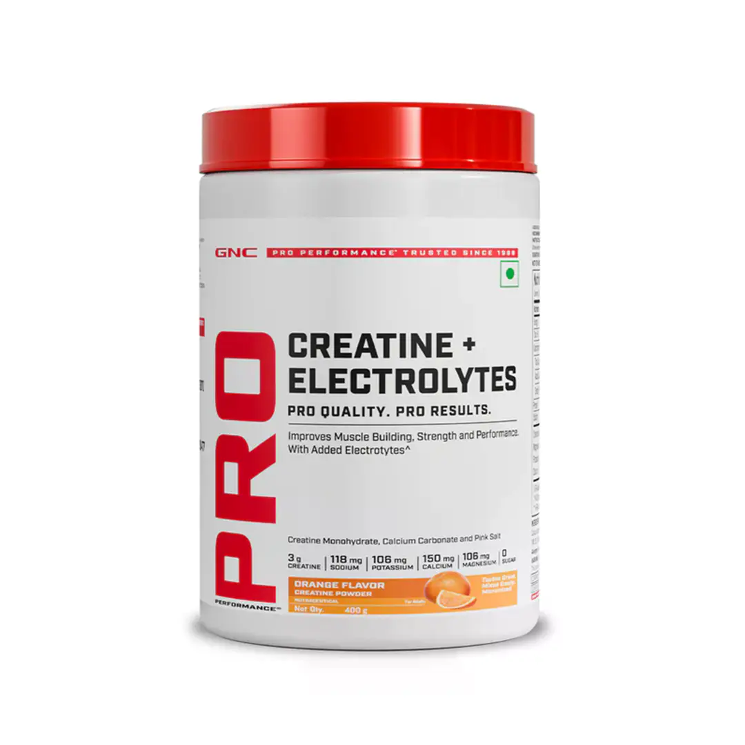 GNC Creatine+ Electrolytes | 3g Creatine Monohydrate + Sodium, Potassium, Calcium, Magnesium | Boosts Muscle Growth, Hydration, Energy & Recovery | Zero Sugar | 100% Veg | 100g | Orange - Orange,400gm