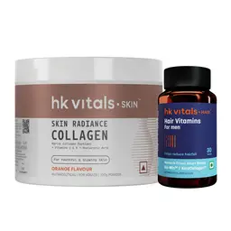 hk vitals Hair Multivitamin with DHT Blockers, Omega & Biotin, Supports Keratin Synthesis & Helps Reduce Hair Fall, 30 Multivitamin Capsules with Skin Radiance Collagen Supplement with Biotin, Orange, 100 g