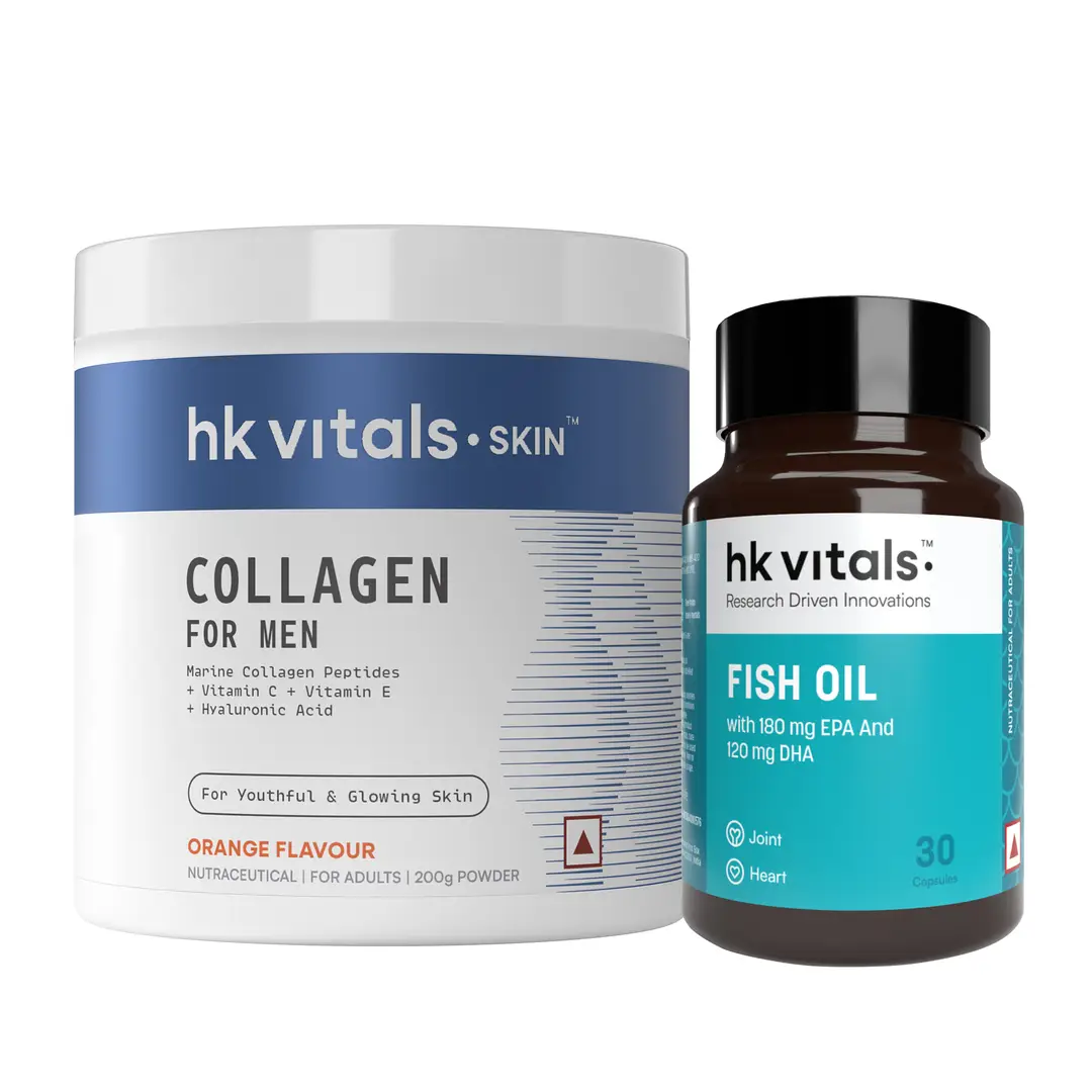 hk vitals Marine Collagen for Men Supplement (Orange, 200gm) and Fish Oil (30 Capsules) - (Combo Pack)