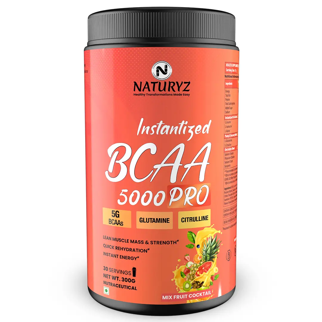 Naturyz Instantized BCAA 5000 PRO with 5G BCAAs Glutamine for Lean Muscle, Energy - Mix Fruit Cocktail,300 gm