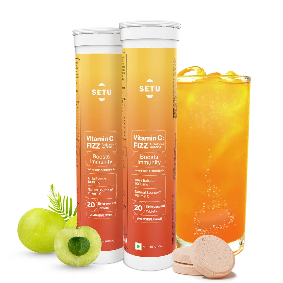 Setu - Vitamin C - Fizz, Amla Extract and Zinc - Boosts body’s defenses against pathogens & infections - Orange,40 Effervescent Tablets