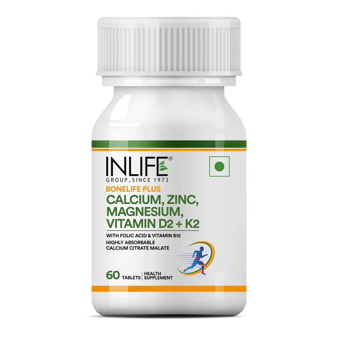INLIFE - Calcium Magnesium Zinc Vitamin D K2 Folic Acid & B12 Vegetarian Tablets, Bone & Joint Support Supplement | Calcium Supplement - Pack of 1 (60 Tablets)