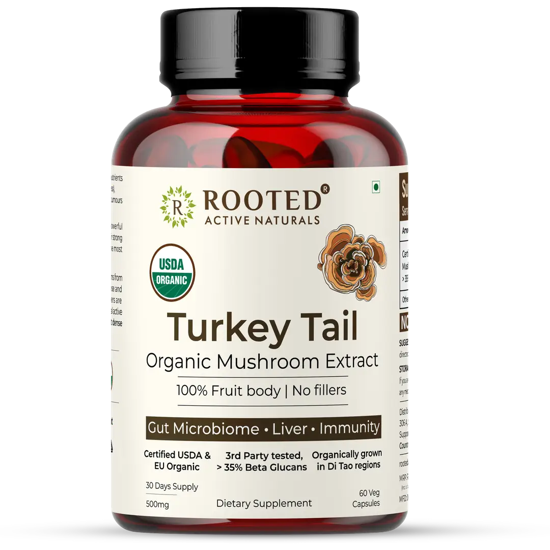 Rooted Active Naturals Turkey Tail Mushroom Extract for Heart health and Stress Relief - Pack of 1 (60 Capsules)