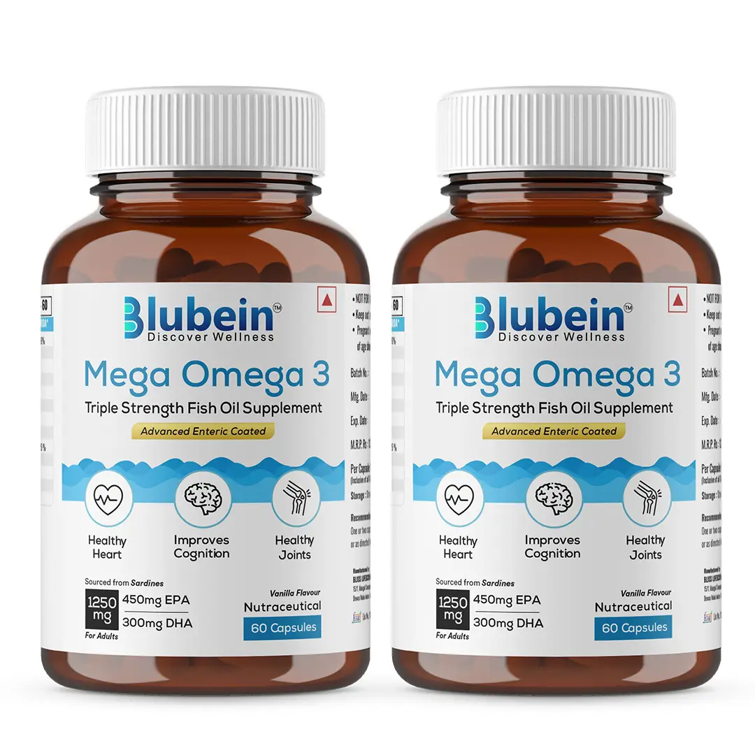 Blubein Mega Omega 3 with Micro Filtered Fish Oil extracted from Sardine for Joints, Heart and Brain Health - Pack of 2 (120 Capsules)
