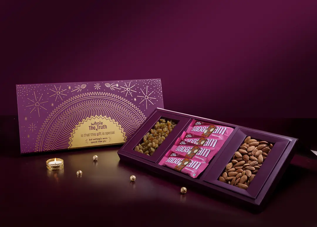 The Whole Truth Baadam Curated Gift box - Combo Pack ( 4 BaadamChocolates, 100g Whole Almonds, 100g Green Raisins)