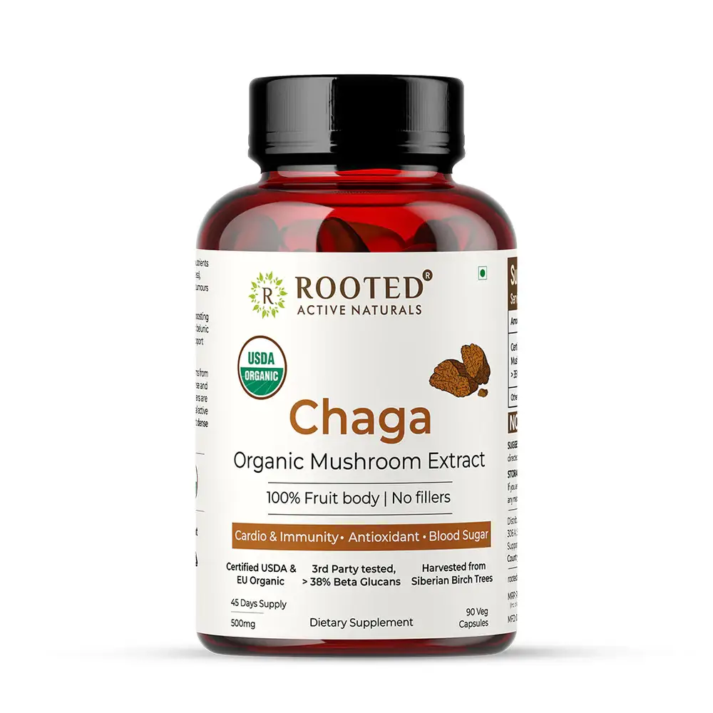 Rooted Active Naturals Chaga Mushroom Extract for Antioxidant and Vitality Support - Pack of 1 (90 Capsules)