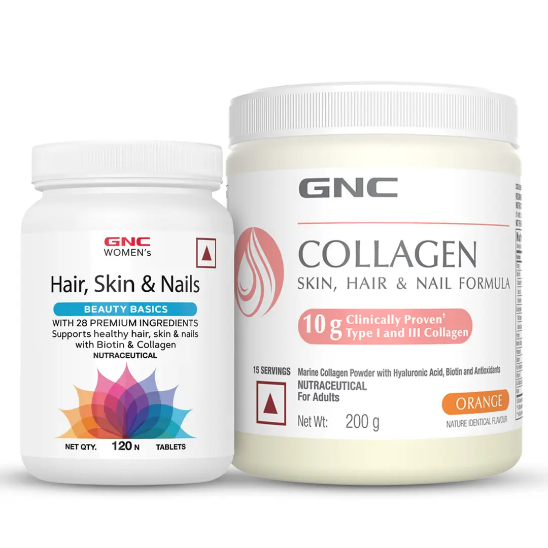 GNC Hair, Nails, & Beauty (120 Tablets) & Marine Collagen Powder (Orange 200 gm) - Combo Pack