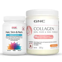 GNC Hair, Nails, & Beauty (120 Tablets) & Marine Collagen Powder (Orange 200 gm) icon