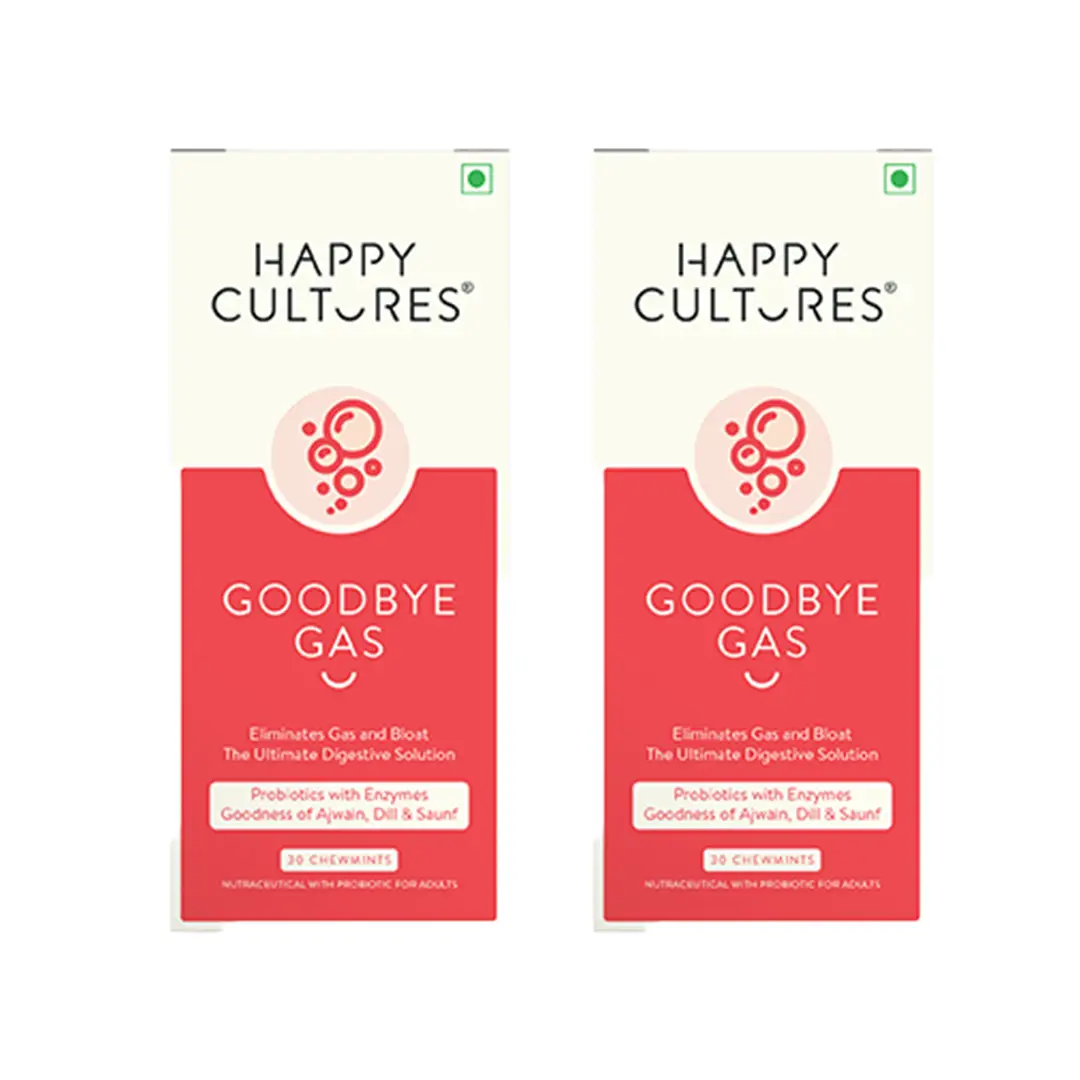 Happy Cultures Goodbye Gas Chewable with Ajwain, Dill, Fennal (Saunf) Oil for Alleviates Gas, Bloating and Indigestion - Pack of 2 (60 Tablets)