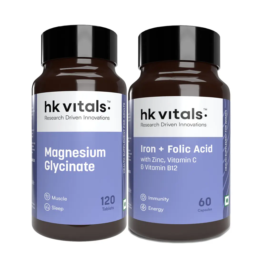 hk vitals Magnesium Glycinate (1682mg) (120 Tablets) and Iron + Folic Acid Supplement (60 Capsules) for Better Sleep Quality and Muscle Recovery - (Combo Pack)