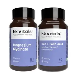 hk vitals Magnesium Glycinate (1682mg) (120 Tablets) and Iron + Folic Acid Supplement (60 Capsules) for Better Sleep Quality and Muscle Recovery