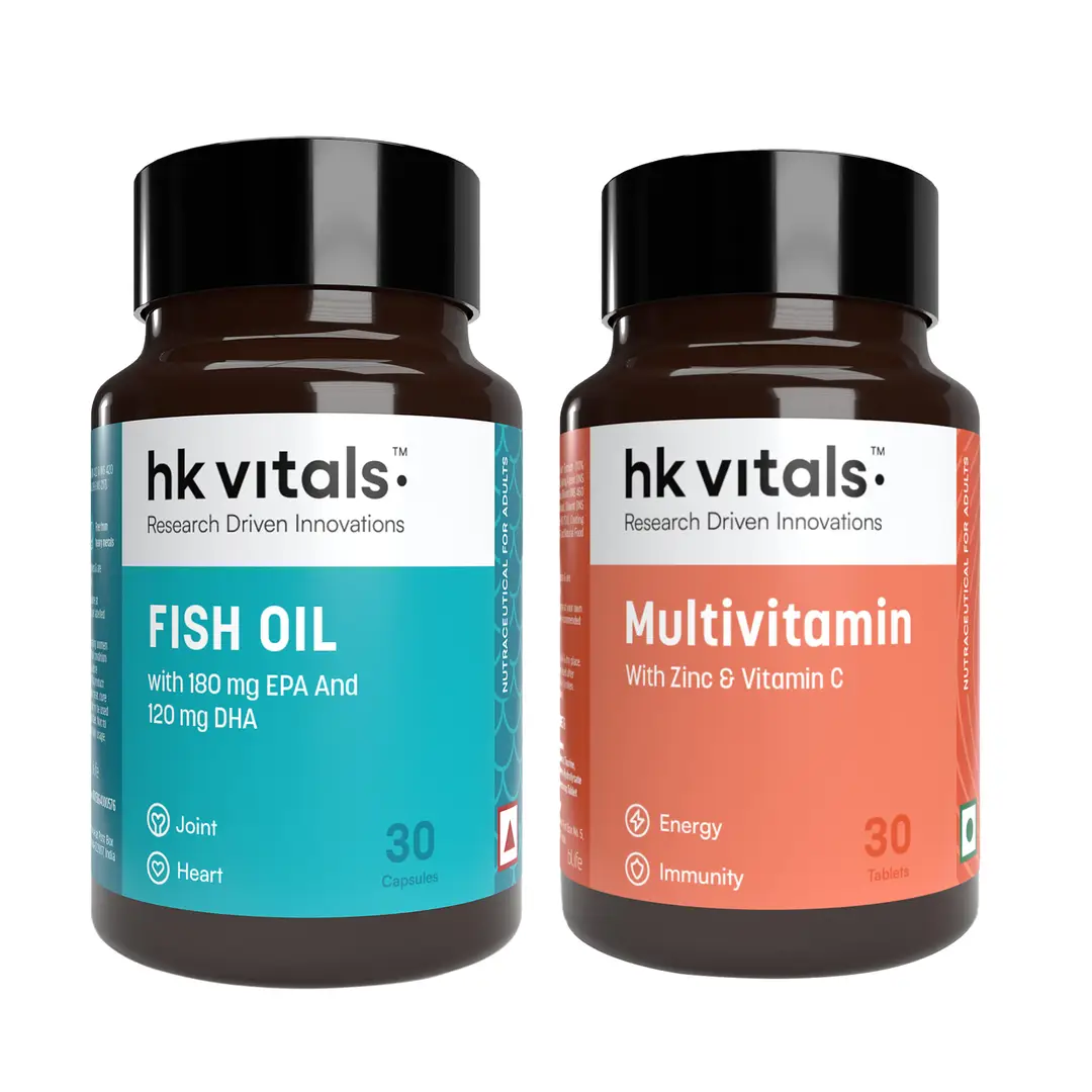 hk vitals Fish Oil and Multivitamin (30 Tablets Each) Combo Pack | 1000mg Omega 3 with 180mg EPA & 120mg DHA | Enhances Energy, Immunity & Joints Health - Combo Pack