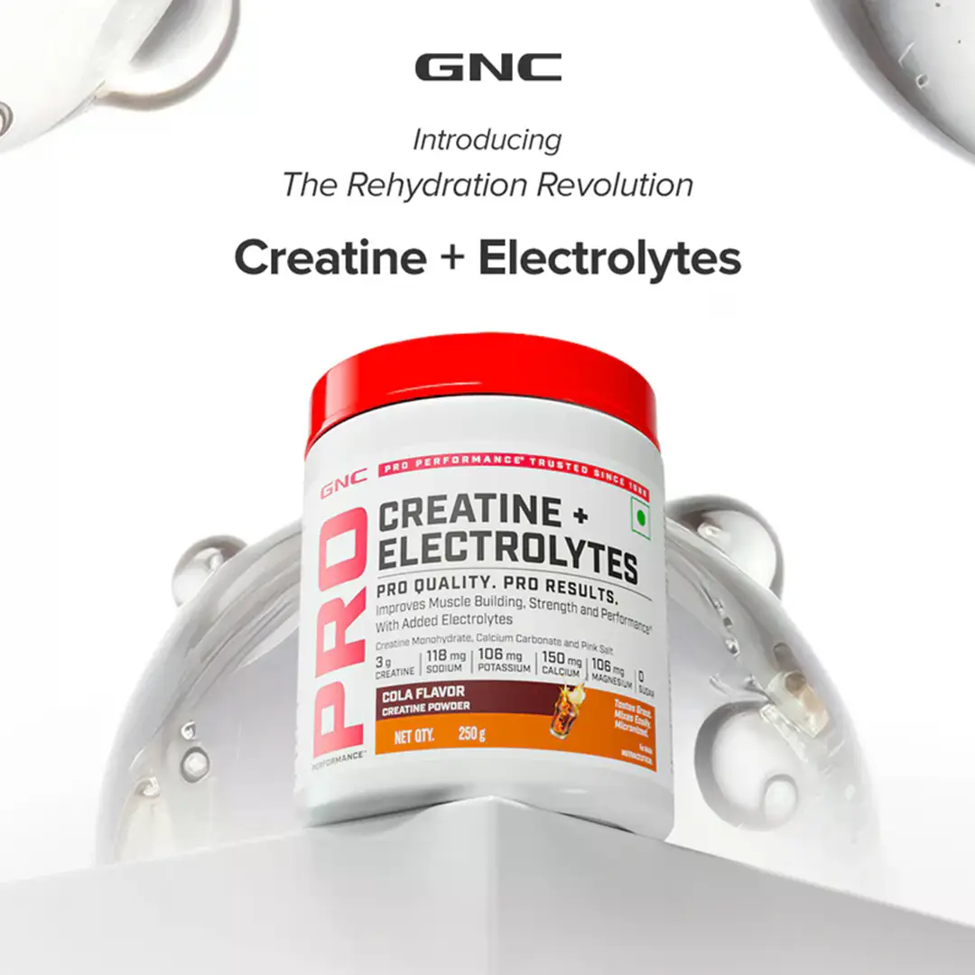 GNC Creatine+ Electrolytes | 3g Creatine Monohydrate + Sodium, Potassium, Calcium, Magnesium | Boosts Muscle Growth, Hydration, Energy & Recovery | Zero Sugar | 100% Veg | 100g | Orange - Cola,250gm
