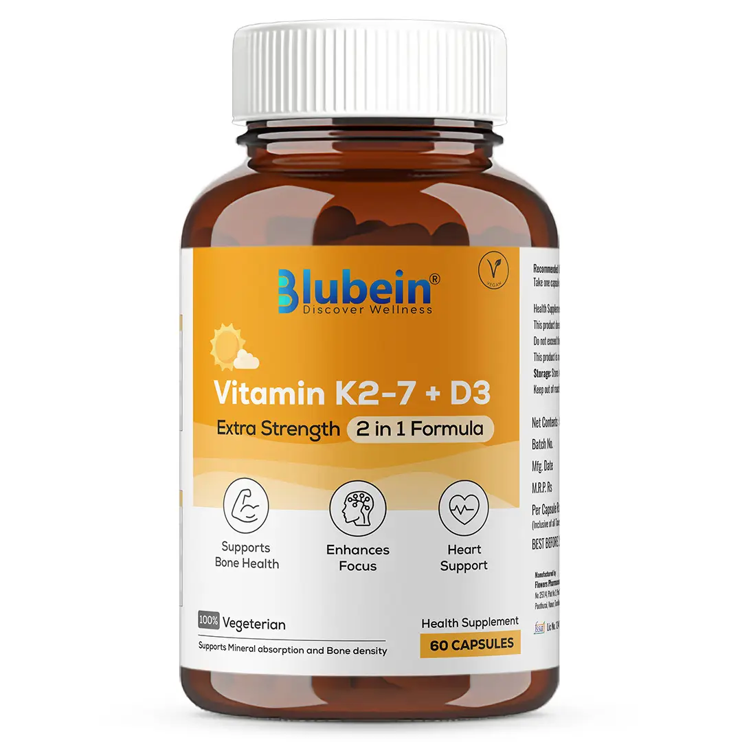 Blubein’s Vitamin K2-7 + D3 with 55Mcg Menaquinone for Stronger Bones and Healthy Heart - Pack of 1 (60 Capsules)