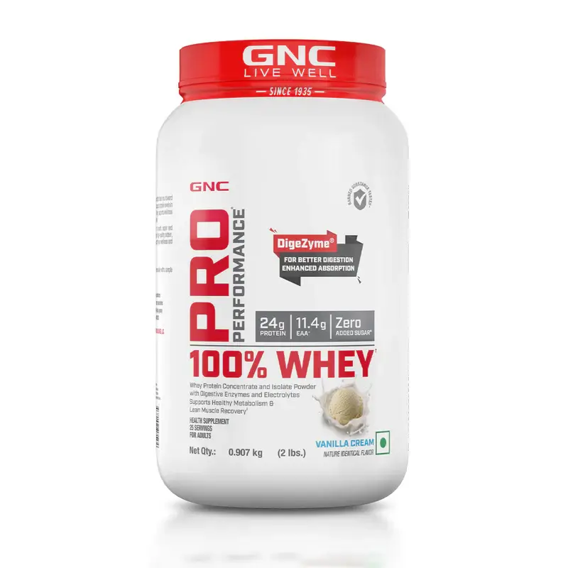 GNC Pro Performance 100% Whey Protein Powder Formulated In USA with 24g Protein, 5.5g BCAA for Strength, Endurance, Builds Lean Muscles and Fastens Muscle Recovery - Vanilla Cream,2 lb