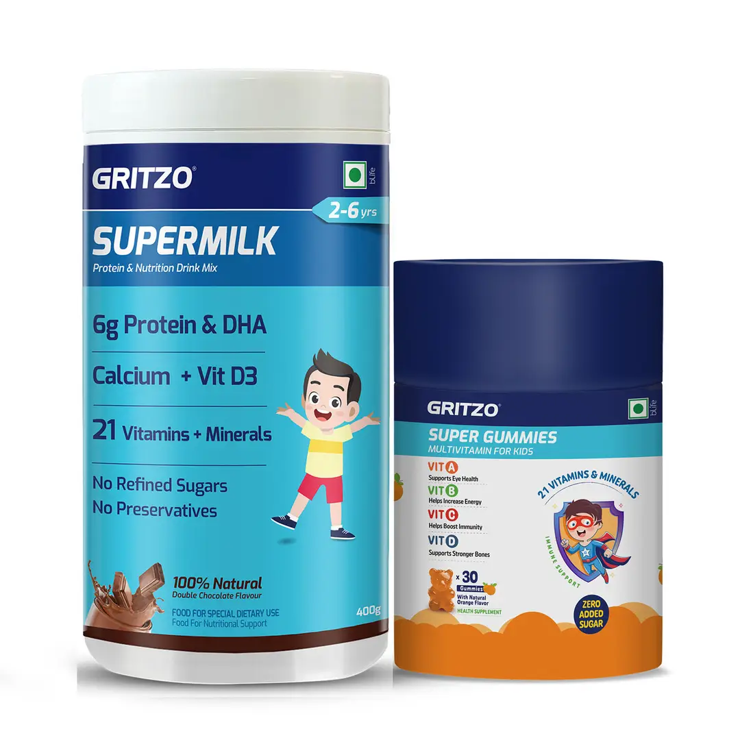 Gritzo SuperMilk Daily Nutrition (2-6y), 6g Protein (Double Chocolate, 400g) and Super Gummies (Orange, 30 Gummies)
