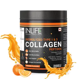 INLIFE - Hydrolyzed Collagen Peptides Powder Supplements Type 1 and 3, Biotin, Vitamin C, Hyaluronic Acid, Glucosamine, Skin Health for Men & Women - 200g (Orange Flavour) icon