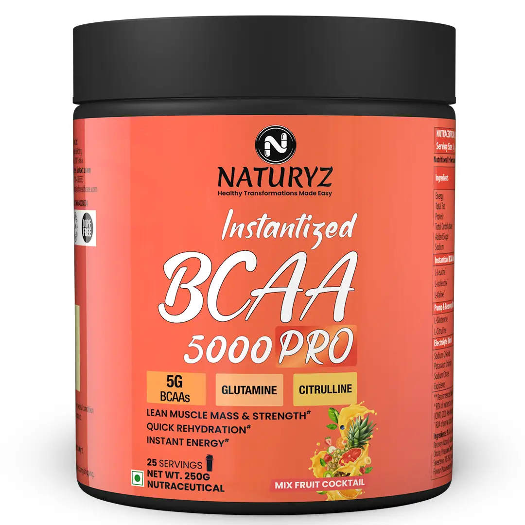 Naturyz Instantized BCAA 5000 PRO with 5G BCAAs Glutamine for Lean Muscle, Energy - Mix Fruit Cocktail,250 gm