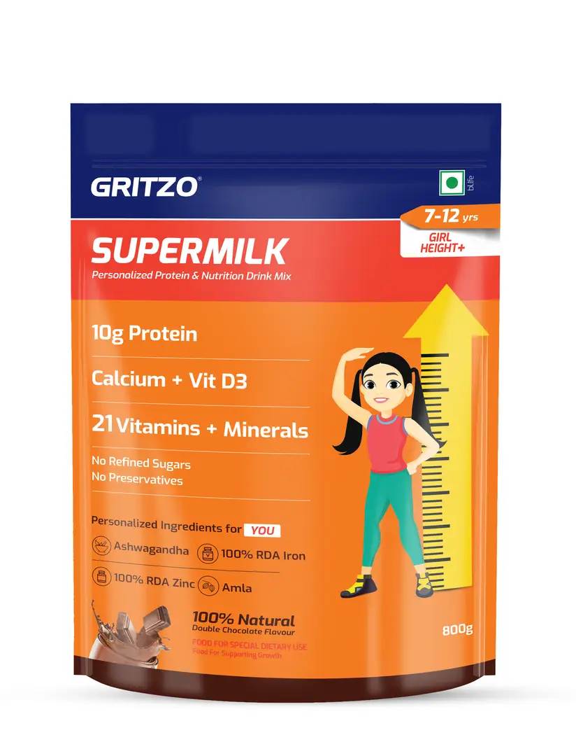 Gritzo SuperMilk Height+ (7-12y Girls) with 10g Protein, Zero Refined Sugar, 21 Vitamins & Minerals for Height Growth - Double Chocolate,1 kg