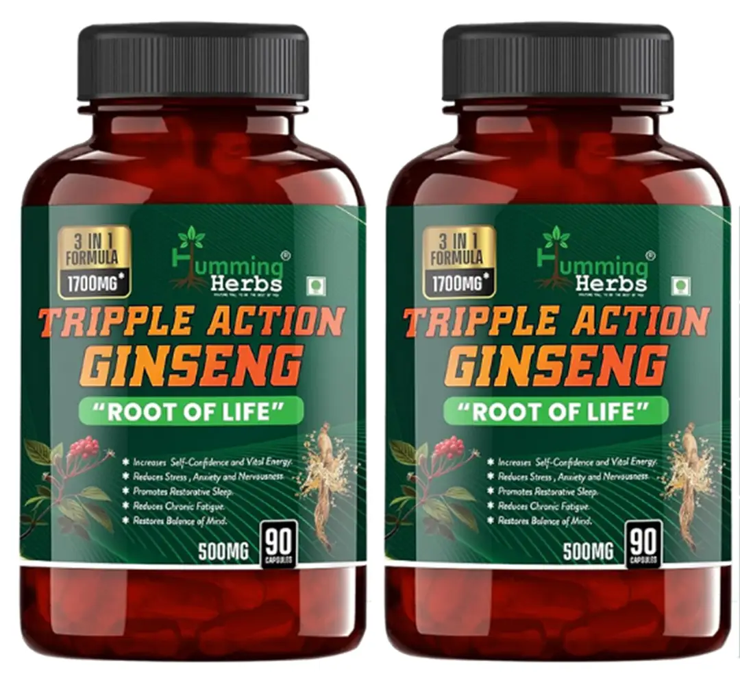 Humming Herbs Triple Action Ginseng With Siberian, American & Red Korean (Energy & Immunity) - Pack of 2 (180 Capsules)