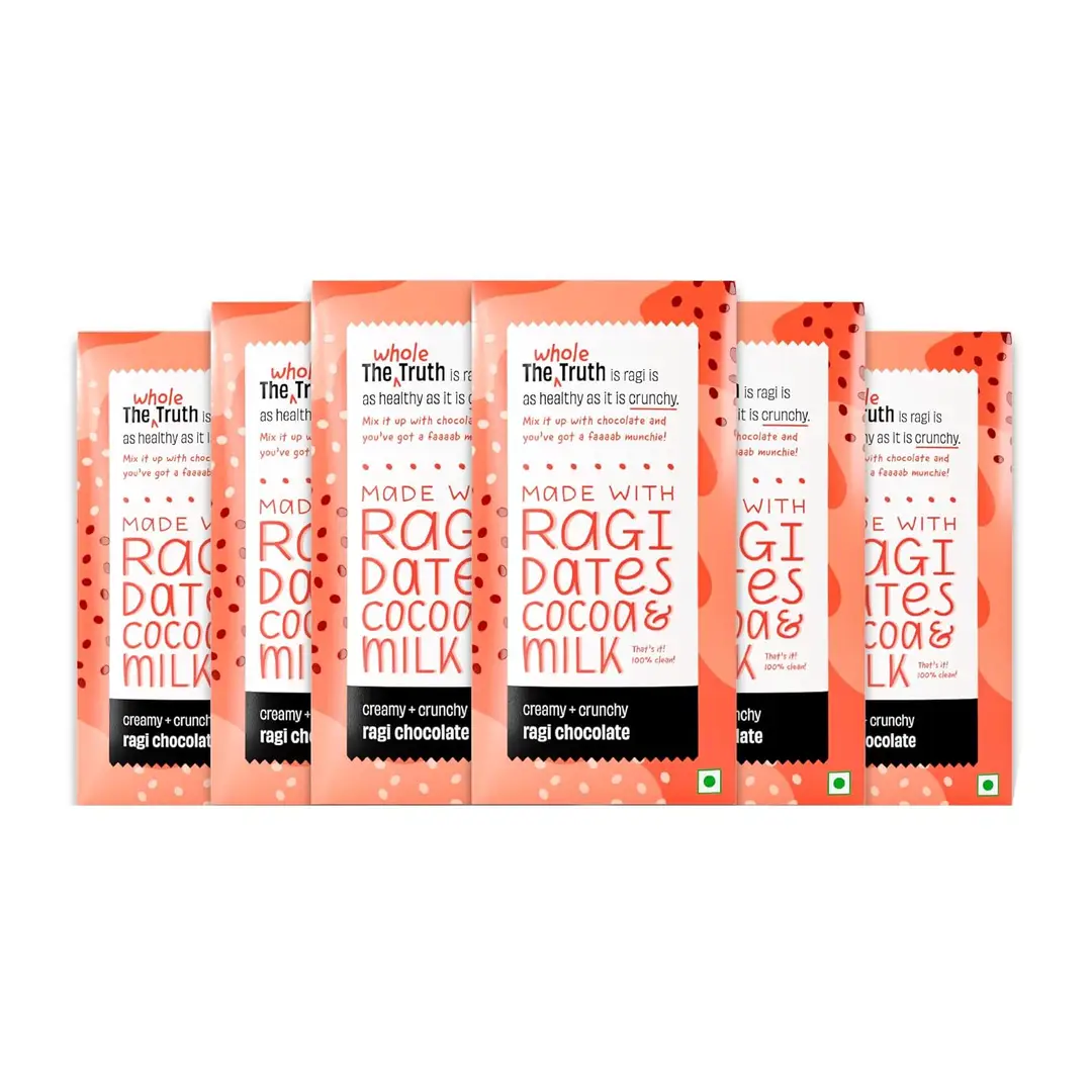 The Whole Truth Ragi Chocolate Sweetened with dates (Pack of 6 x 50g Bars) - Pack of 1 (6 Bars)