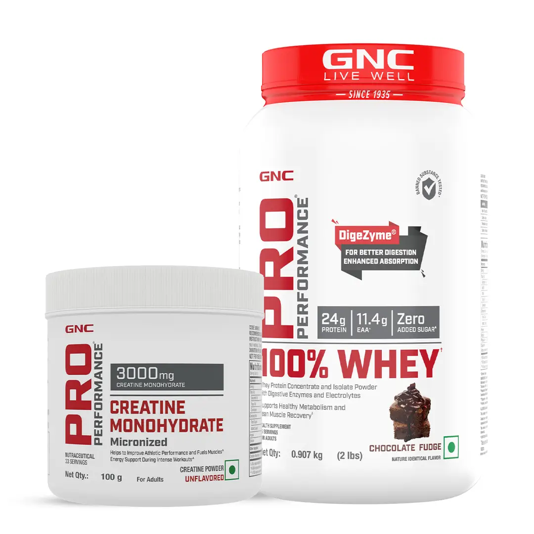 DSC - GNC - Pro Performance 100% Whey Chocolate Fudge + Creatine Monohydrate-2lbs / 100gm Combo - Combo Pack (Whey + Creatine)