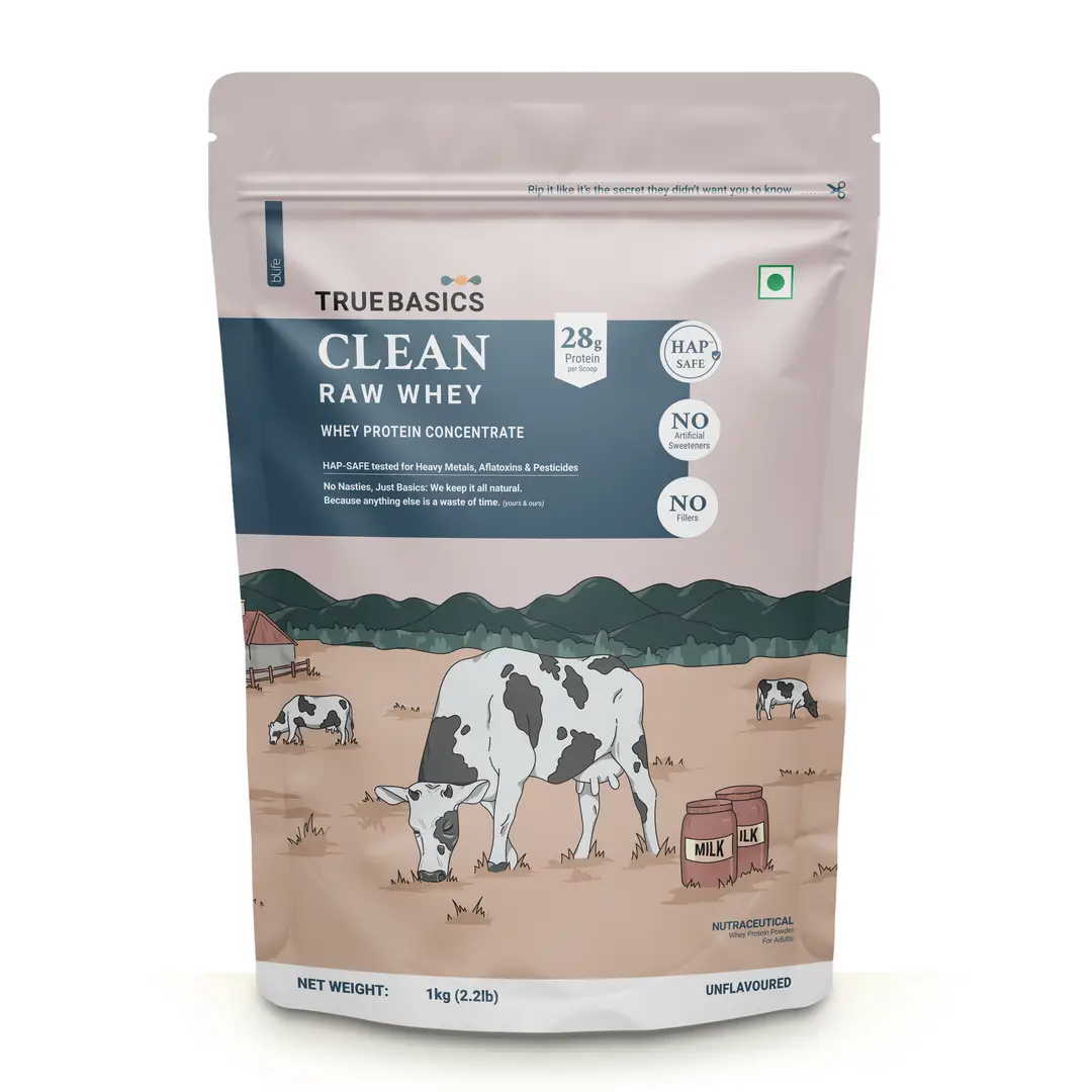 TrueBasics Clean Raw Whey Protein Concentrate Powder (Unflavoured, 1kg) | 28g Protein per Scoop - Unflavoured, 1Kg