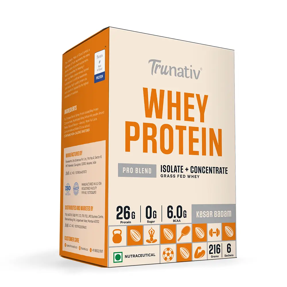Trunativ Pro Blend Whey Protein with Grass-Fed Isolate & Concentrate for Muscle Recovery and Strength - Kesar Badam,6 Sachets