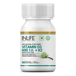 INLIFE - Plant Based Vegan Vitamin D3 K2 Supplement, Lichen Source D3 with Natural Organic Extra Virgin Cold Pressed Coconut Oil for Bone Health & Immune Support, 600 IU - 60 Vegan Capsules icon