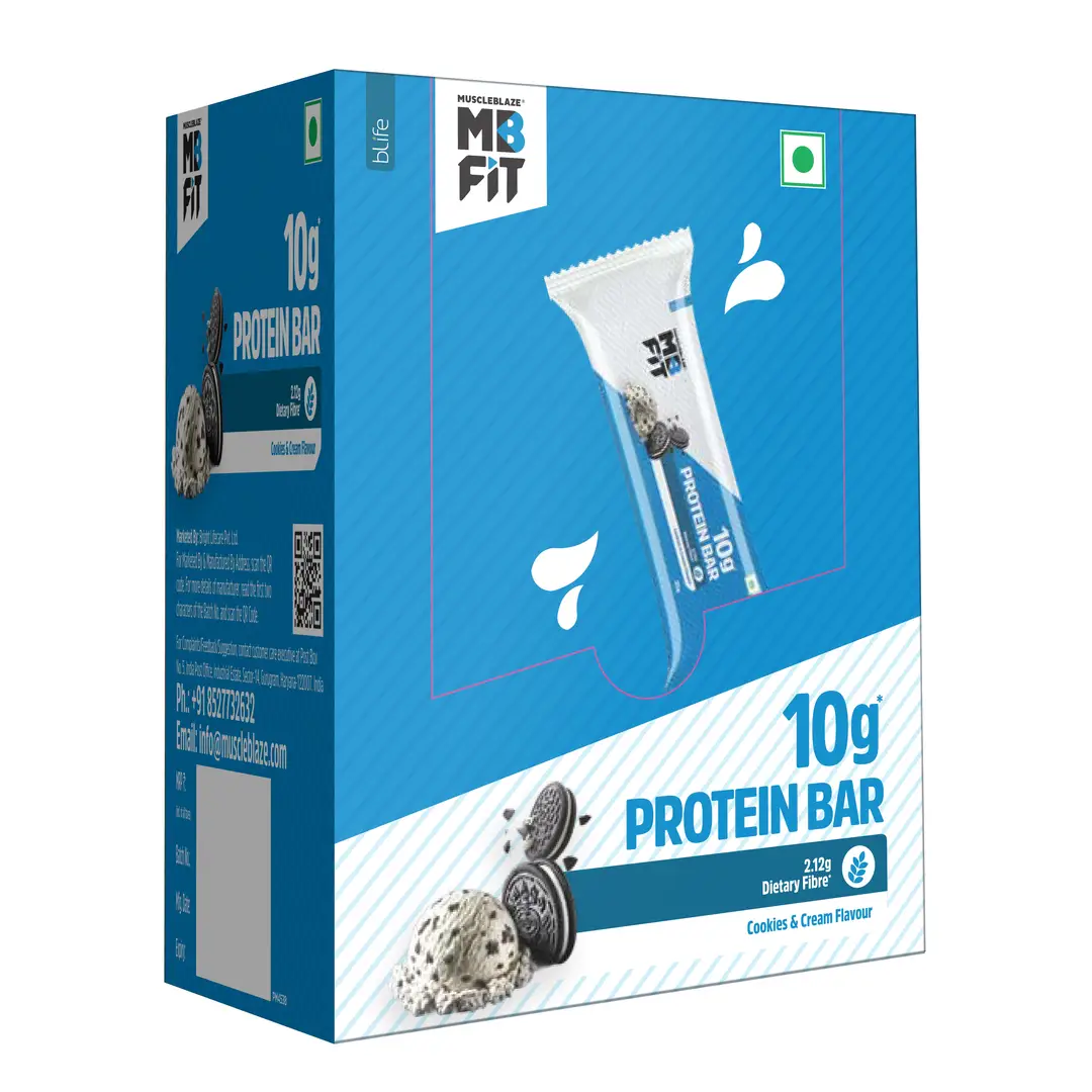 MuscleBlaze - Protein Bar, Protein Blend, Fibre, 100% Veg, Gluten-Free, Healthy Protein Snacks, For Energy & Fitness (Pack of 6) - Cookies & Cream (10 gm)