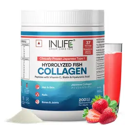 INLIFE - Hydrolyzed Marine Fish Collagen Peptides Powder, Clinically Proven (with Biotin, Hyaluronic acid & Vitamin C) Supplement for Skin Hair for Men Women, Type 1 Collagen, 200 g (Strawberry Lemon) icon