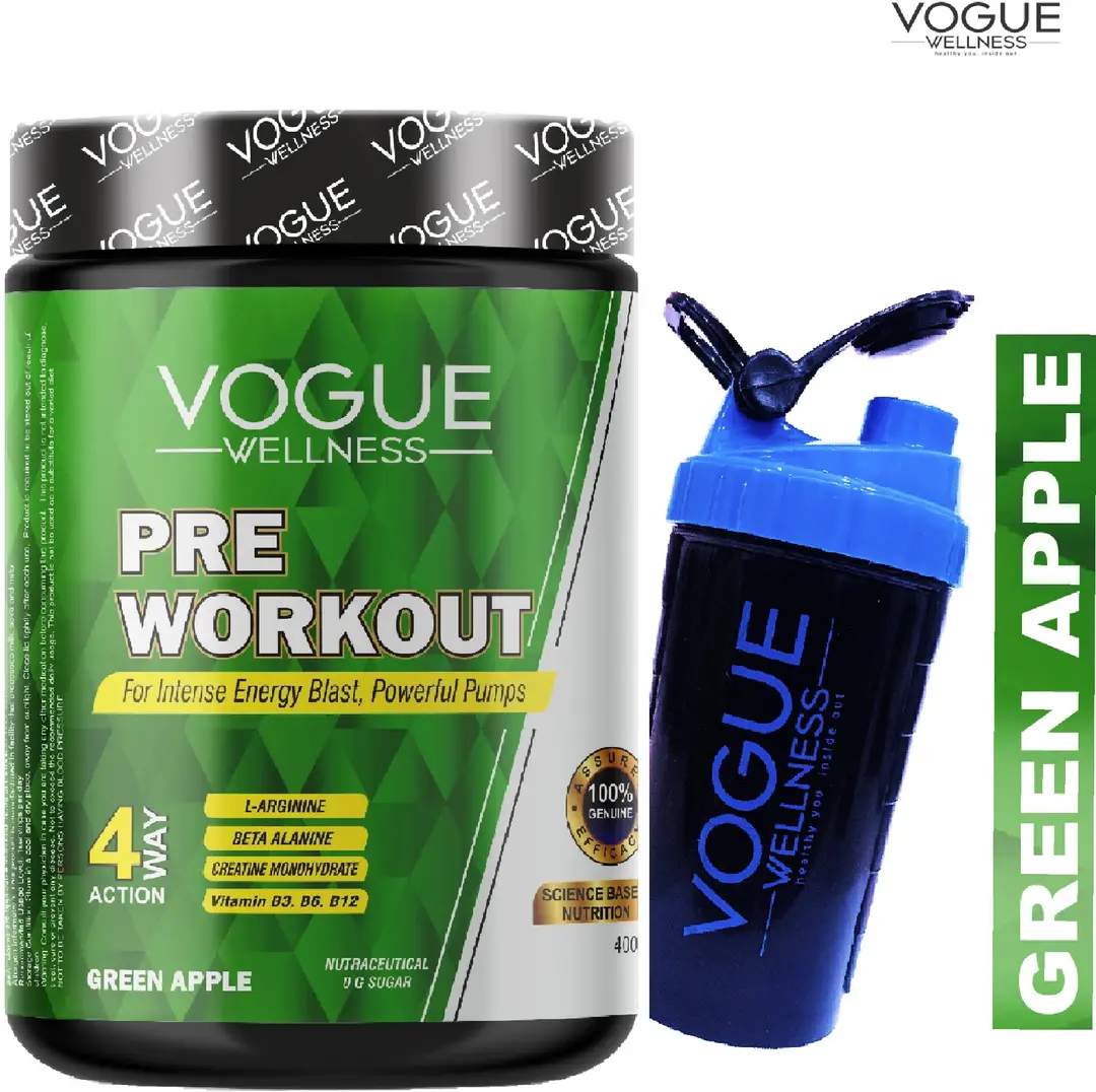 Vogue Wellness Advanced PRE Workout Supplement Powder for Muscle Pump and Endurance - Green Apple ,400 gm