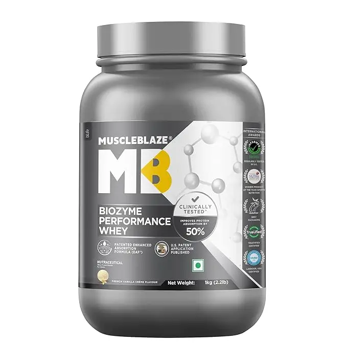 MuscleBlaze Biozyme Performance Whey Protein - with Whey Protein Concentrate, Cocoa Powder for Aiding in Lean Mass Gain - French Vanilla Creme,2.2 lb (Jar)