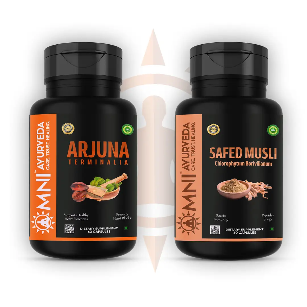 Omni Ayurveda - Arjuna Terminalia and Safed Musli Capsule - for Cholesterol Management - Combo Pack (120 Capsules)