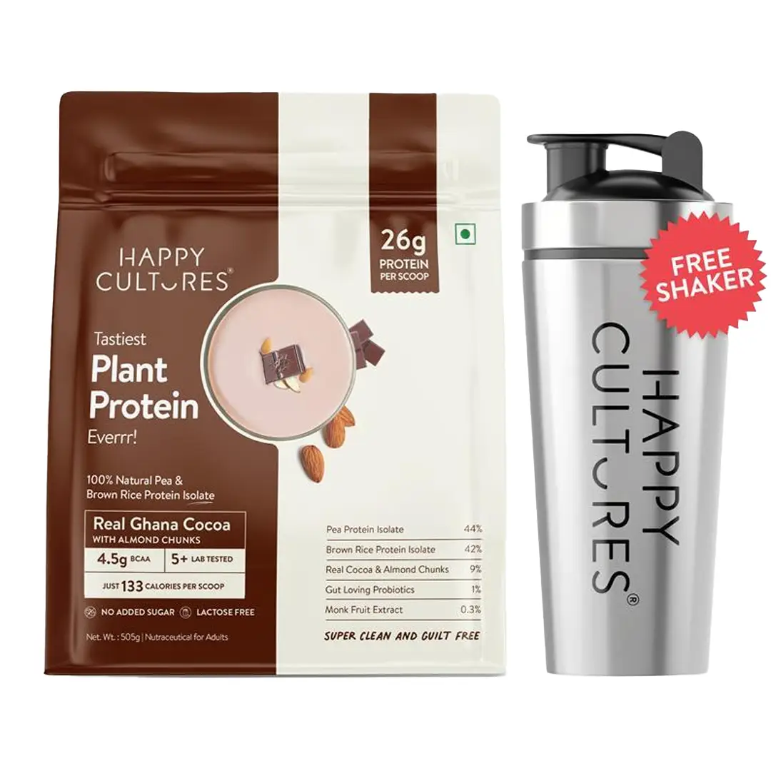 Happy Cultures 26g Tastiest Plant Protein|Pea & Brown Rice Protein Isolate| Vegan| 20 Complete Amino Acids| Women & Men| No Bloating, Easy to Digest| Dairy Free with Probiotics - 500 g - Real Ghana Chocolate with Steel Shaker