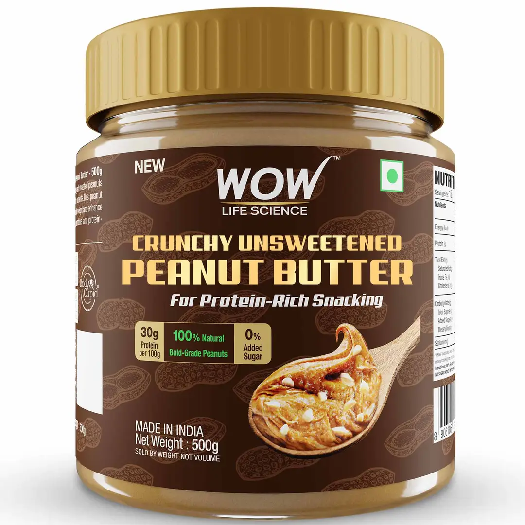 WOW Life Science - Crunchy Unsweetened Peanut Butter - 500g - 500gm