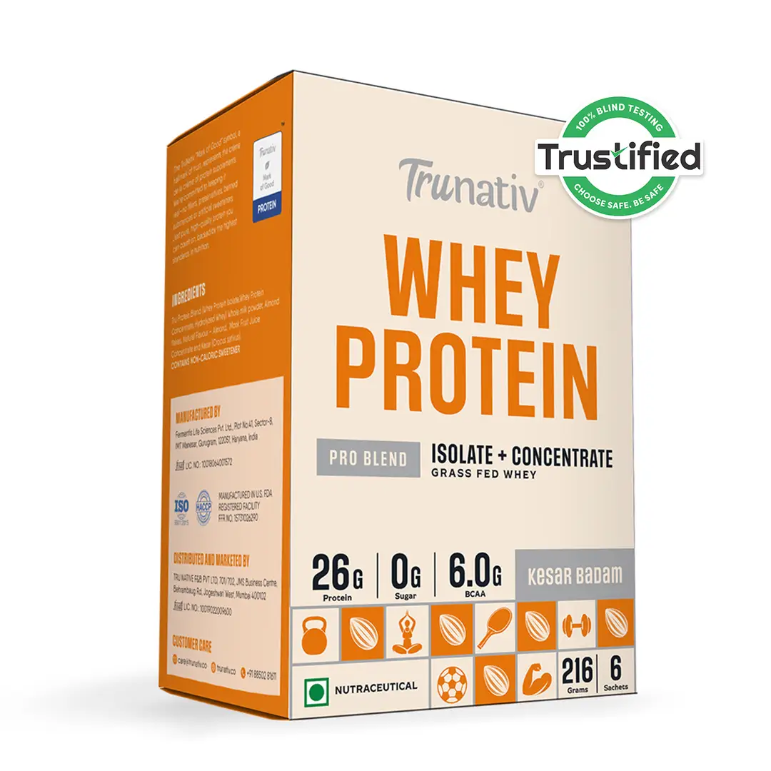 Trunativ Pro Blend Whey Protein with Grass-Fed Isolate & Concentrate for Muscle Recovery and Strength - Kesar Badam,6 Sachets