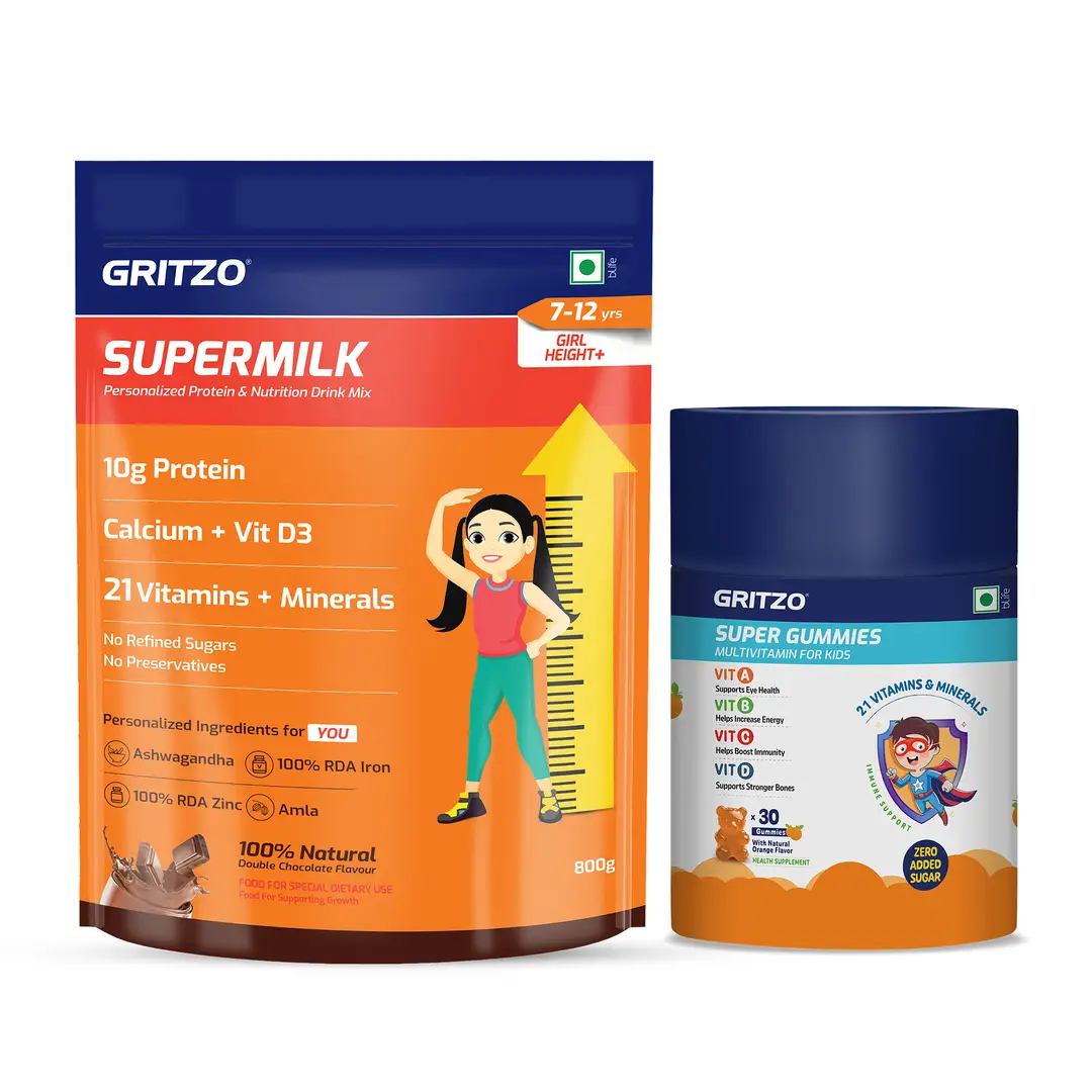 Gritzo SuperMilk Height+ (7-12y Girls), 10g Protein (Double Chocolate, 1kg) and Super Gummies (Orange, 30 Gummies)