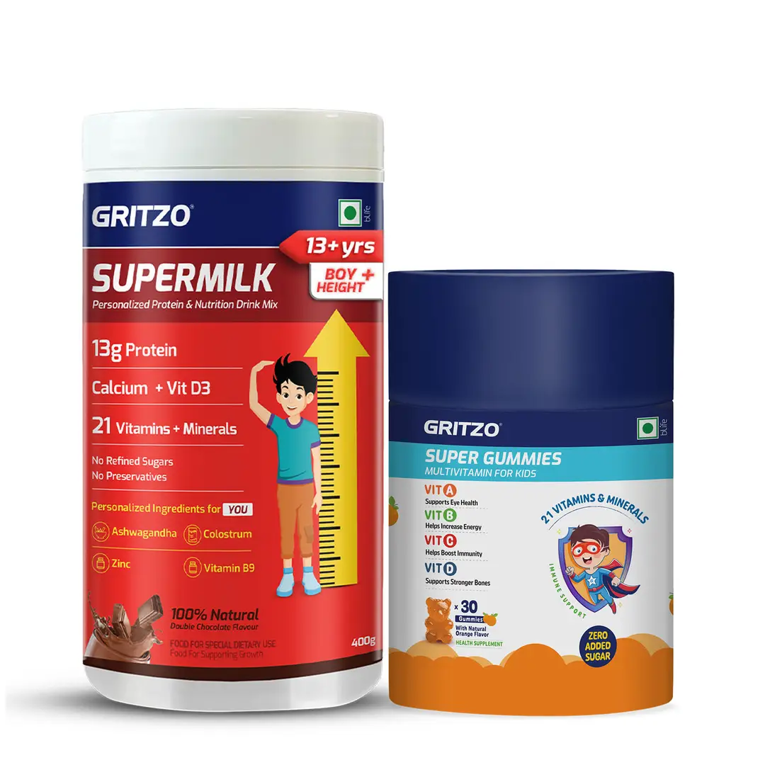 Gritzo SuperMilk Height+ (13+ Boys), 13g Protein (Double Chocolate, 400g) and Super Gummies (Orange, 30 Gummies)