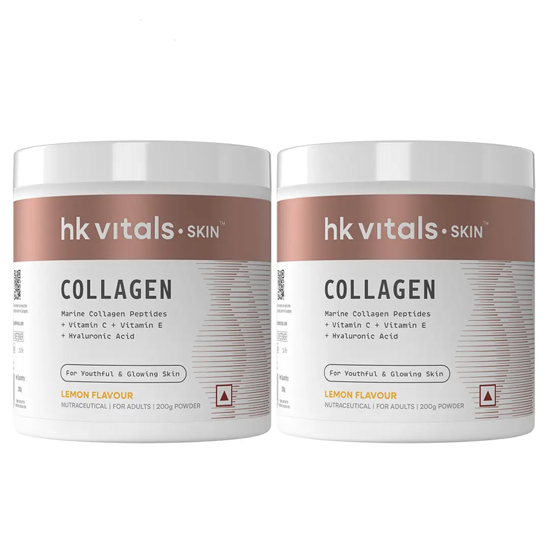 hk vitals Skin Radiance Marine Collagen Supplement (Lemon, 100g) with Skin Radiance Collagen Supplement with Biotin, Orange, 100 g | Vitamin C, E, Sodium Hyaluronate | For Healthy Skin, Hair & Nails - Lemon 200 gm(Pack of 2)